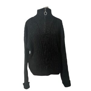 Venus Black Speckle Cable Knit Mock Neck Zipper Sweater Minimalist Preppy Medium